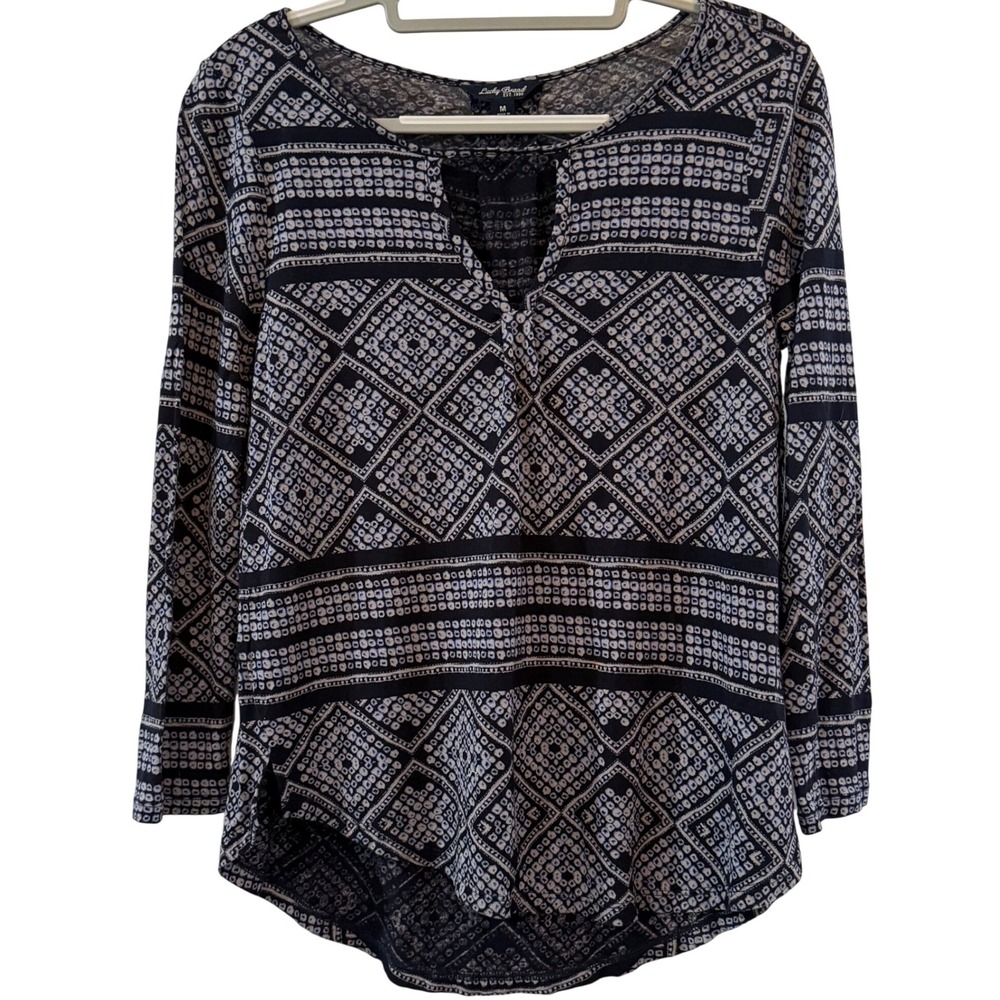 Lucky Brand Womens Navy‎ Blue White Geometric Bohemian Top Medium Lightweight